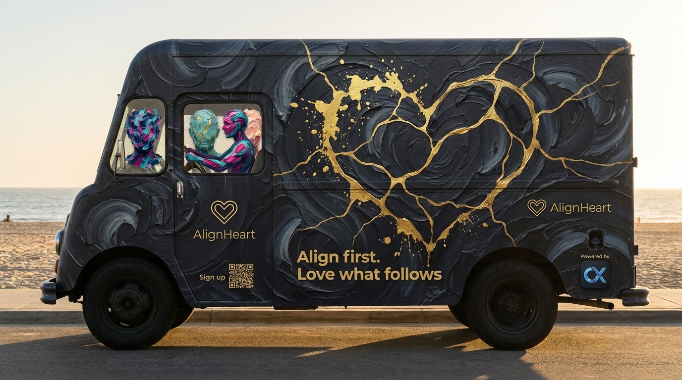 1965 Chevrolet P30 step van in charcoal livery with a gold kintsugi heart, reading "Align first. Love what follows," the AlignHeart wordmark, a Powered-by-Creytix badge, and a QR code