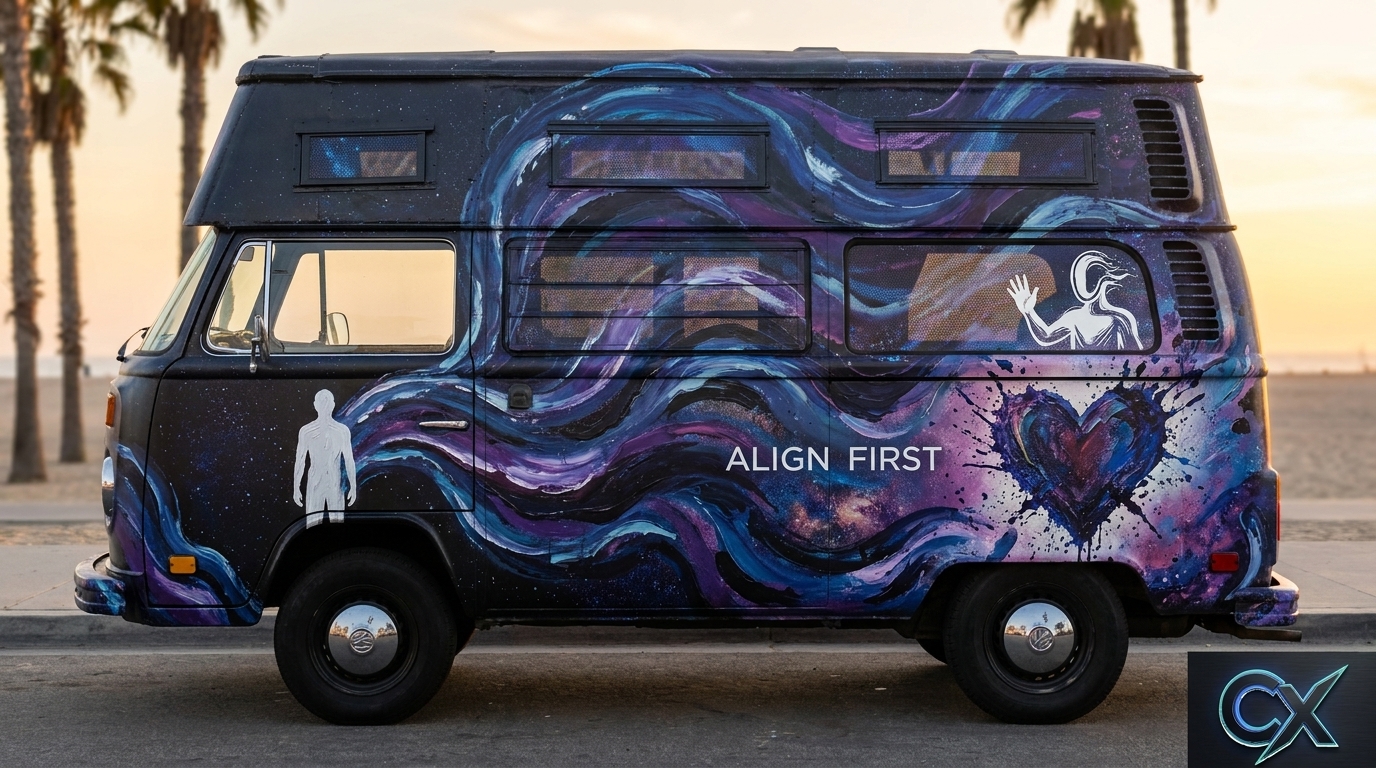 1970s Volkswagen bay-window bus wrapped in a cosmic purple and blue design reading "ALIGN FIRST"