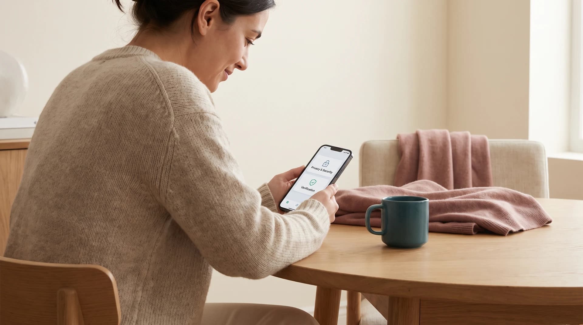 Calm editorial still — privacy settings and trust on warm ivory, AlignHeart wellness dating
