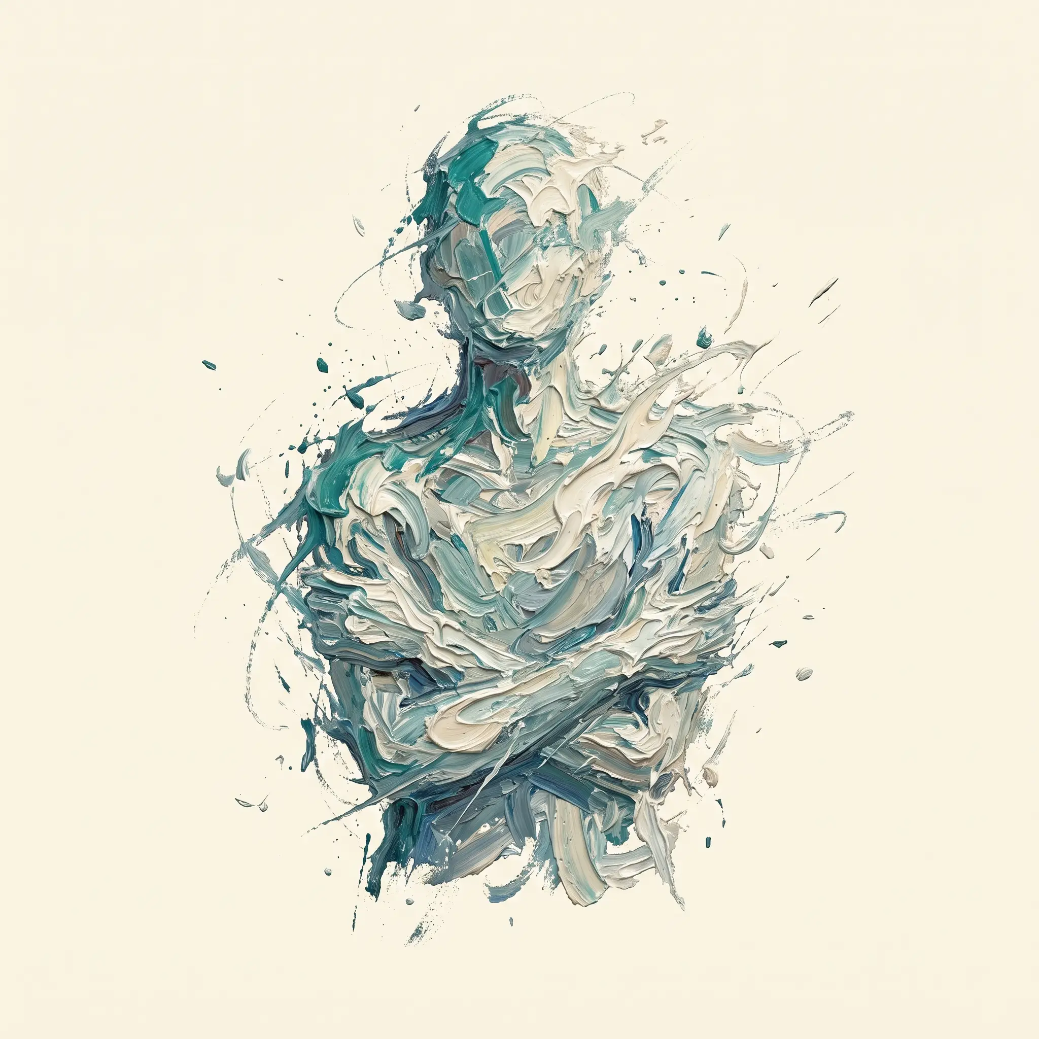 Pale teal and white acrylic figure with arms folded, paint swirling