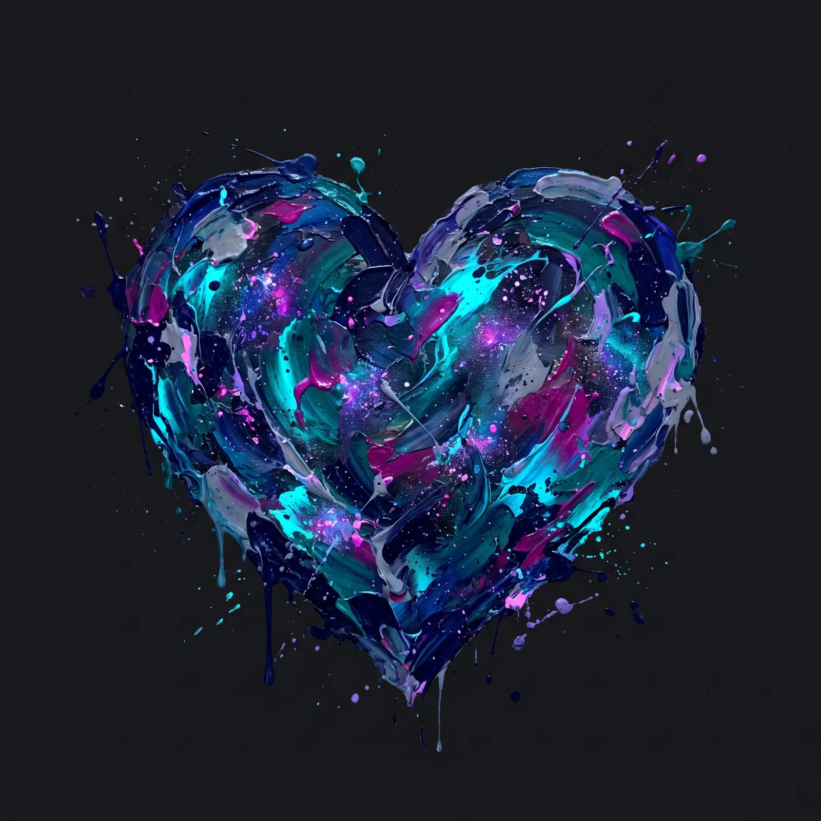 Acrylic heart in teal, violet and magenta impasto, painted on a dark canvas