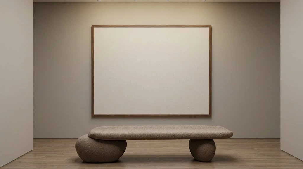 A lit gallery wall with a wide canvas above a wooden bench, a smaller canvas on each side