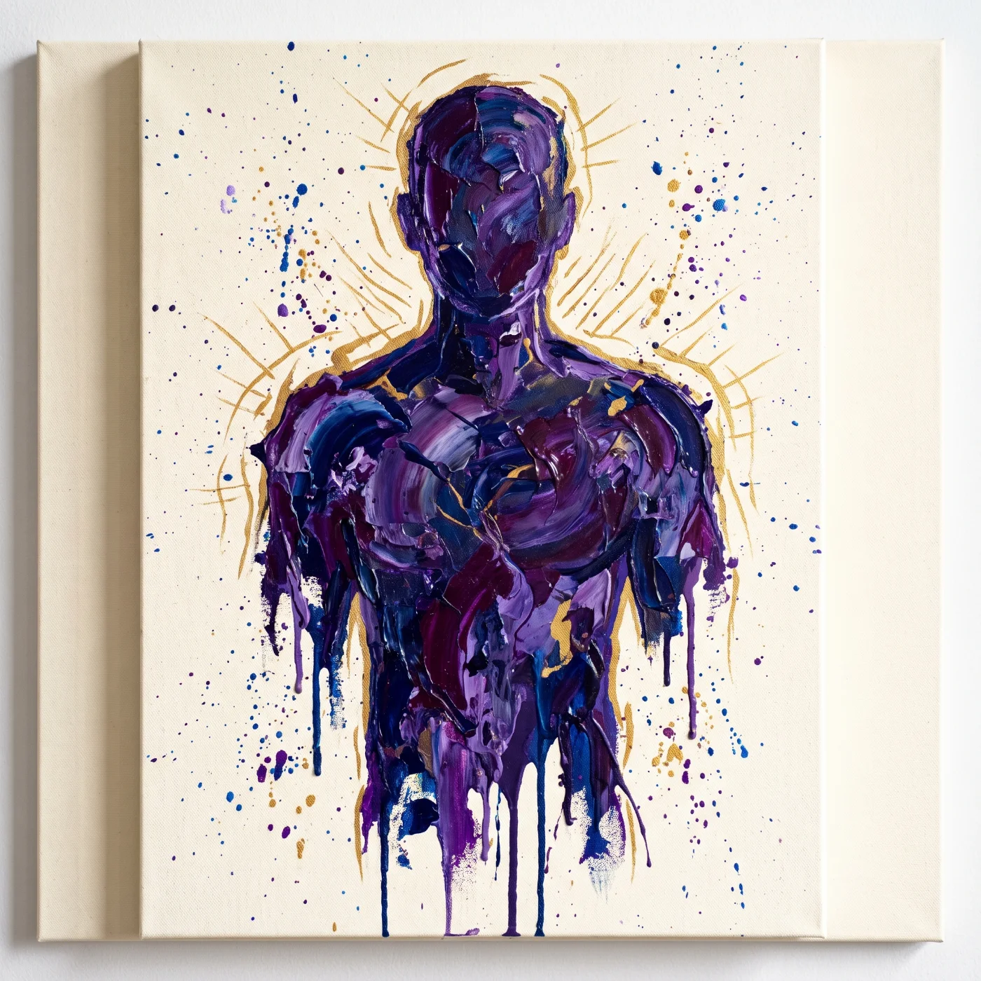 Violet acrylic figure on a stretched canvas, gold rays behind it
