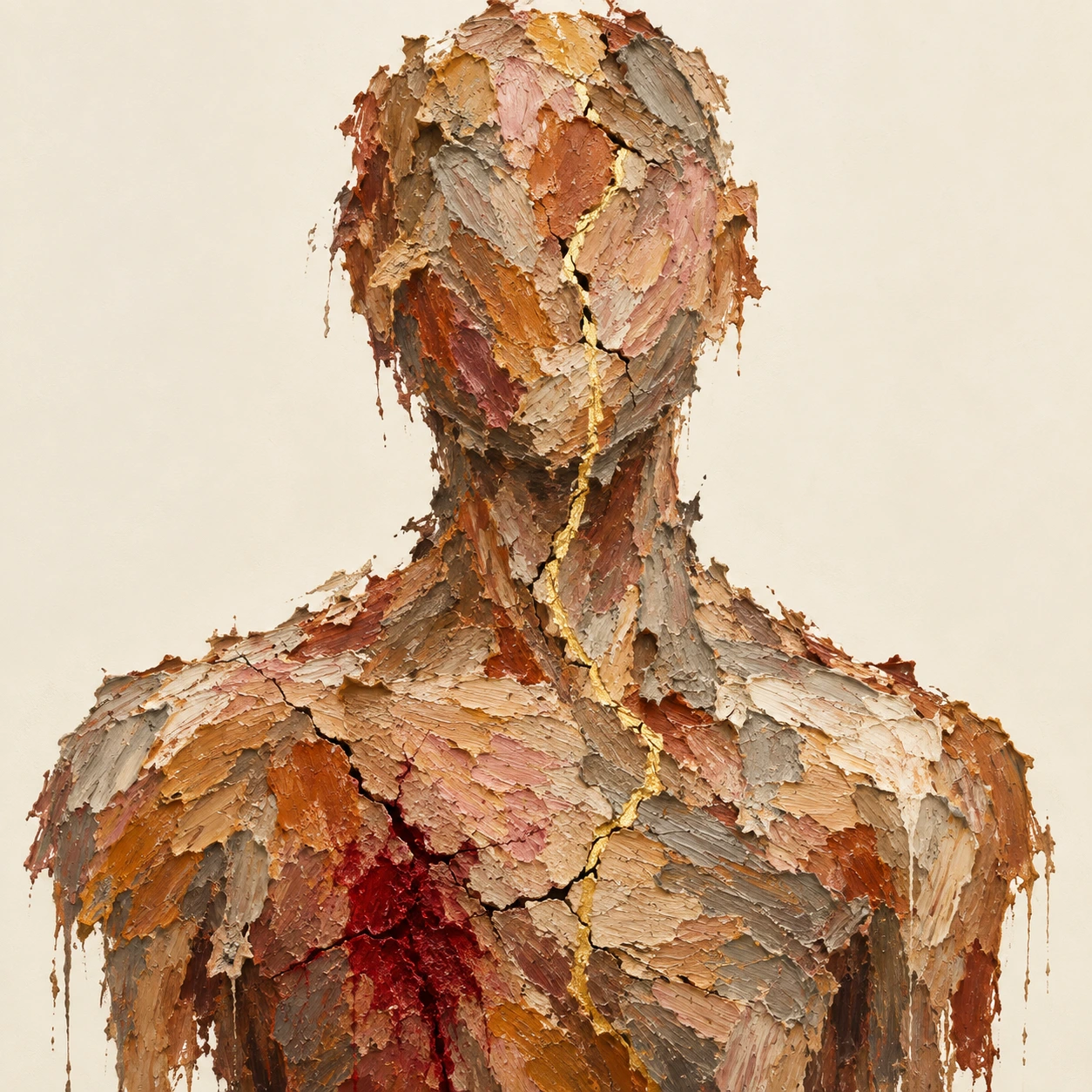 Earthy acrylic figure with visible cracks, a crimson wound-mark, and one thread of gold already running through — wounded but upright