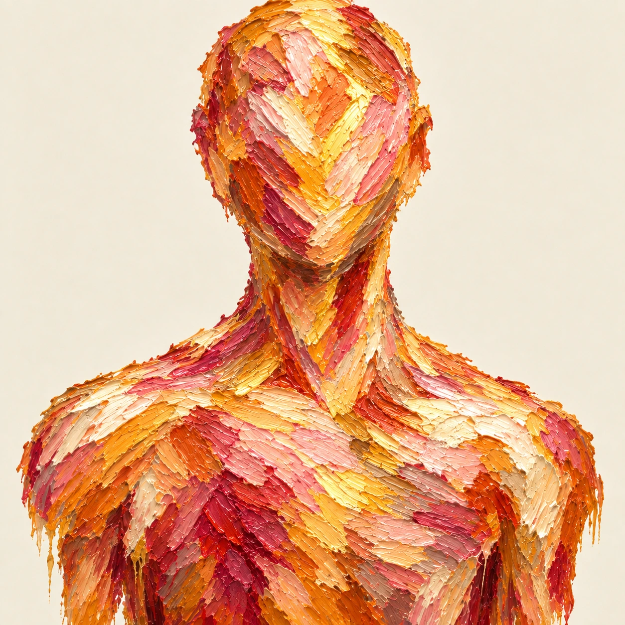 The same acrylic figure, healed: smooth glossy warm rose, amber and gold paint, no visible cracks